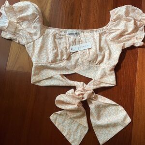 O. Vianca cropped wrap bow tie puff sleeve top, size L, NWT